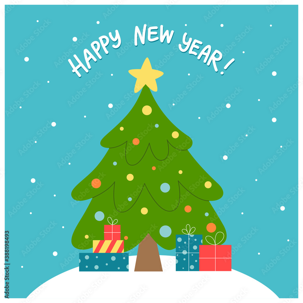 Hand-drawn flat vector illustration of new year tree with gift boxes. Christmas postcard with lettering phrase on blue background with snow. Art design for greeting web banner, poster or social media.