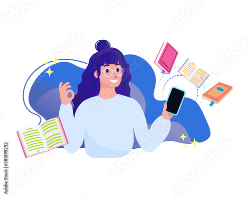 Cute funny girl with smartphone reading books or studying online. Student learning online at home. Online library, book store, education concept. Reader app. Flat cartoon vector illustration.