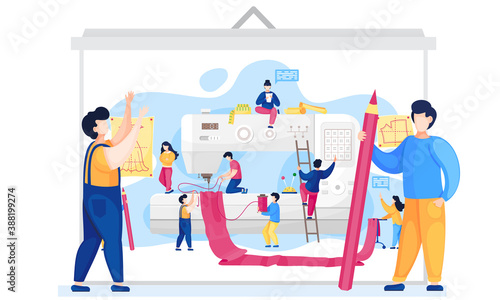 Team of seamstresses working on sewing clothes around huge sewing machine. Men hold a piece of fabric and thread a needle to sew. Designers planning model for future dress. Custom tailoring concept