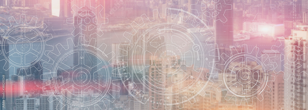 Gears Cogwheel Engineering Automation solution teamwork cooperation business concept. City view website header banner concept.