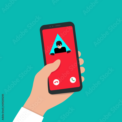 Spam Call to your Smartphone. Hacker attack. The concept of spam data, insecure connection, online fraud and malware through fake calls, phishing, social engineering. 