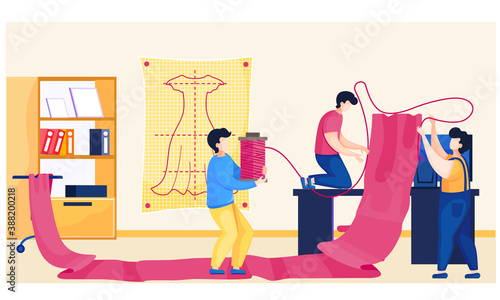 Team of seamstresses men is working on sewing clothes on a sewing machine. Men hold a piece of fabric and thread a needle to sew. Making cloth to order in the studio. Custom tailoring concept