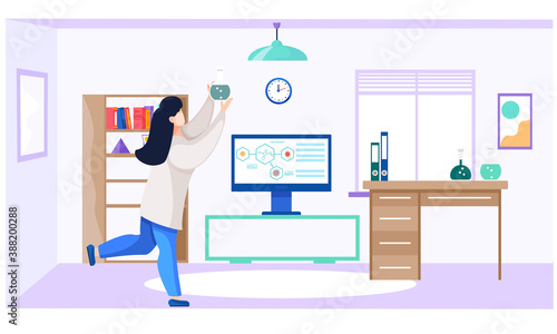 Scientist, doctor in medical office. Woman in white coat, medical worker or chemical researcher with flask makes analyzes. Illustration of science experiment in laboratory with virus sign and marks