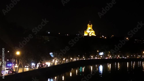 Night view of Holy Trinity Cathedral of Tbilisi. Time-lapse