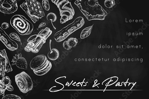 chalk bakery or pastry banner, background, frame or card template on black chalkboard. vector illustration of sweet desserts, pastries and berries on blackboard. vintage style. for bakery, baking shop