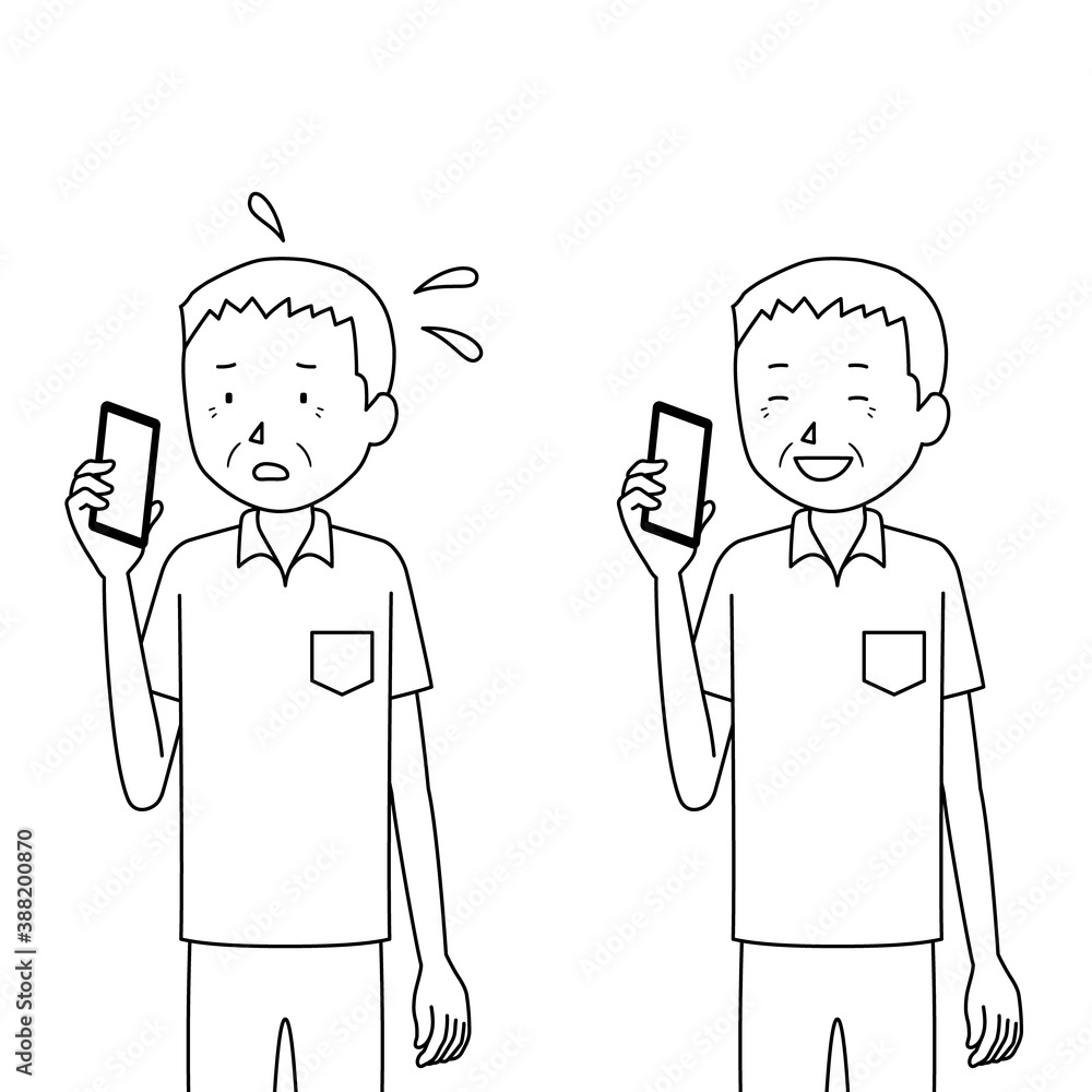 Illustration set of a senior man talking on a smartphone (anxiety and relief) Illustration set of a senior man talking on a smartphone (anxiety and relief)
