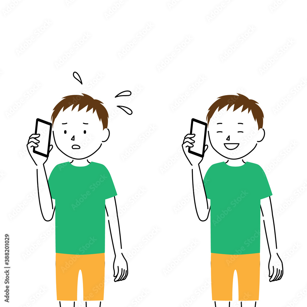 Illustration set of a boy talking on a smartphone (anxiety and relief) Illustration set of a boy talking on a smartphone (anxiety and relief)