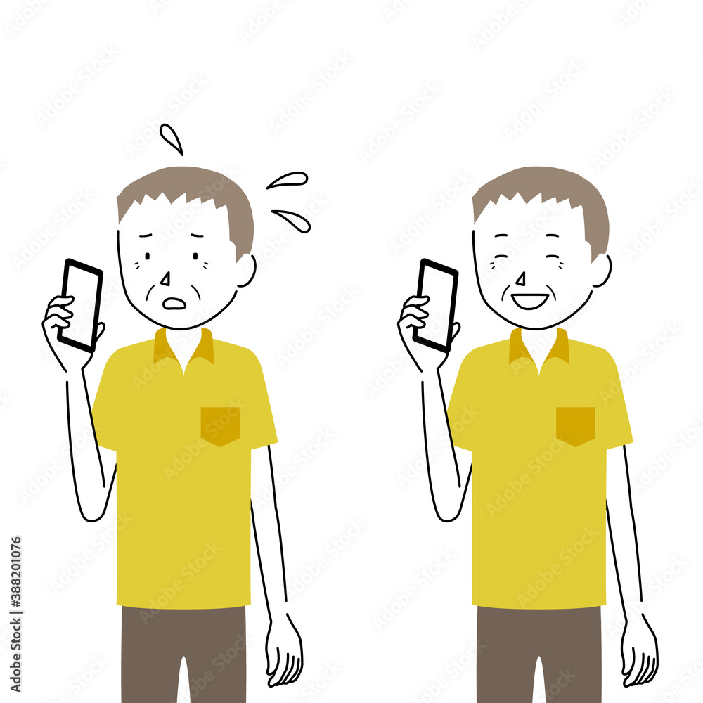 Illustration set of a senior man talking on a smartphone (anxiety and relief) Illustration set of a senior man talking on a smartphone (anxiety and relief)