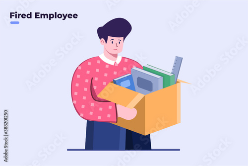 Flat illustration people getting firing from job, employee layoff from job, sad person become unemployed, company bankrupt  and layoff employee, man fired from job, covid-19 virus impact the company.