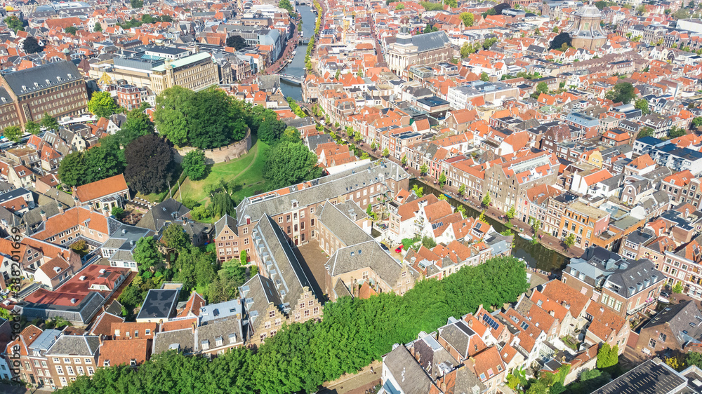 Aerial drone view of Leiden town cityscape from above, typical Dutch city skyline with canals and houses, Holland, Netherlands
