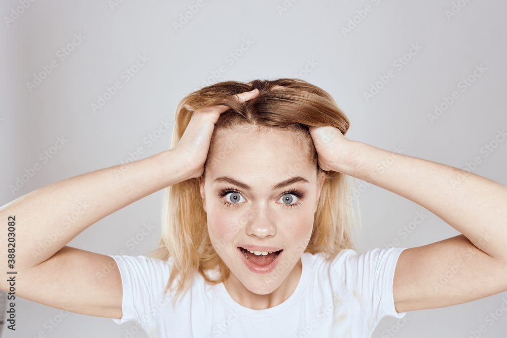 emotional blonde white t-shirt close-up studio lifestyle fun emotional blonde white t-shirt close-up studio lifestyle fun