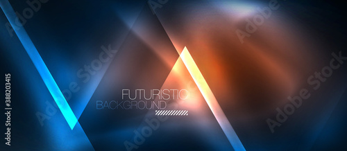 Neon geometric abstract background. Triangles with color glowing light effects in the dark. Vector illustration for covers, banners, flyers and posters and other