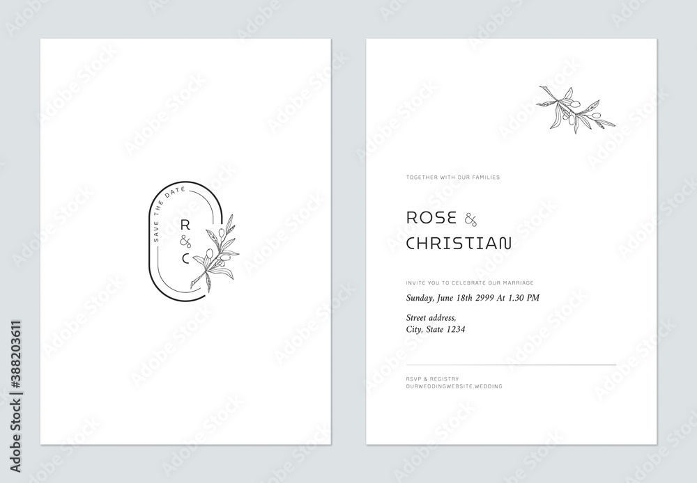 Minimal floral wedding invitation card template design, vintage olive sprig line art ink drawing decorated on oval frame
