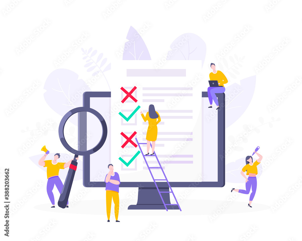 Online survey form or exam application on the monitor screen, claim form, clipboard and tiny people working together. Internet questionnaire, online education quiz vector illustration concept metaphor