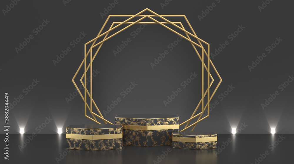 Simple design. Blank black hexagonal with gold decor presentation stand on a black background. 3D rendering. Illustrations for advertising. Luxurious minimalist layout.