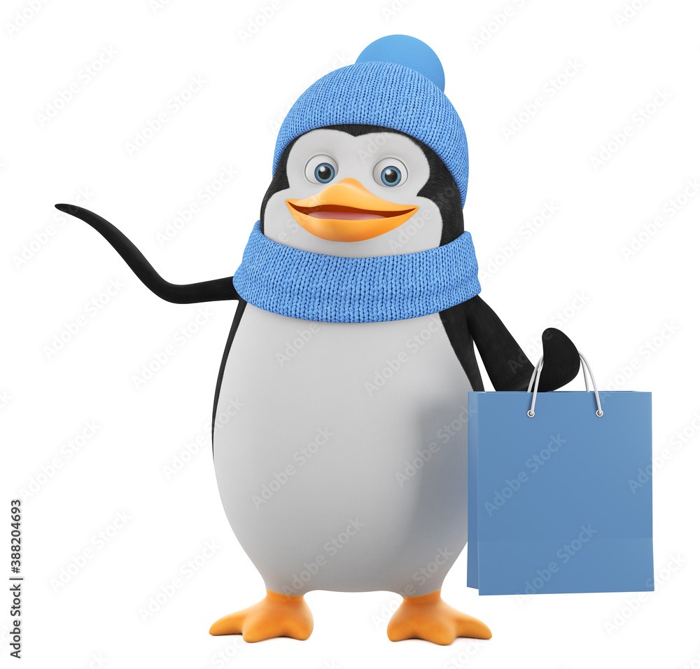 Obraz premium Cartoon character penguin in winter clothes points to an empty space and holds a bag with purchases on a white background. 3d render illustration.