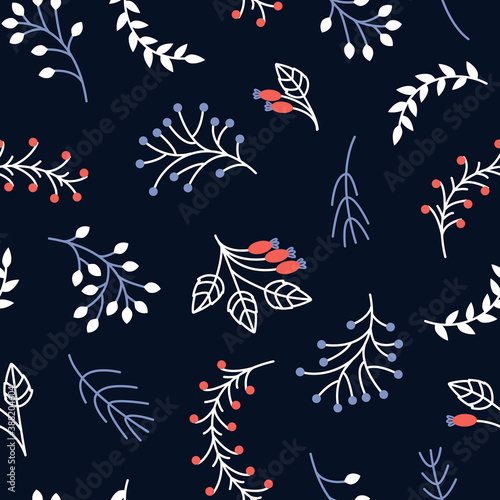 Seamless winter pattern of frozen branches and berries on a dark background. Rosehip, pine and rowan sprigs on Christmas fabric design. Flat vector illustration.  © Natali S