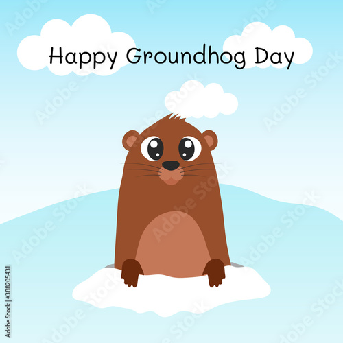Happy groundhog day. Groundhog coming out of its burrow. Vector cartoon illustration. Groundhog character. Isolated object.
