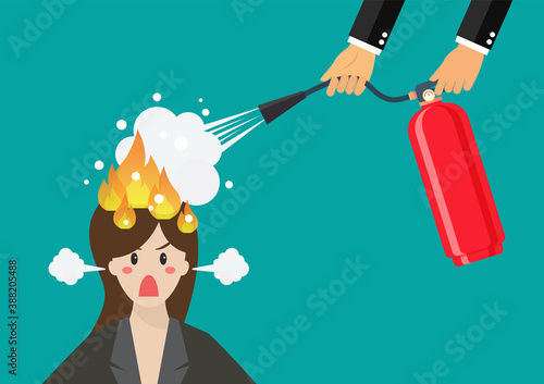 Angry business woman with head on fire gets help from man with extinguisher