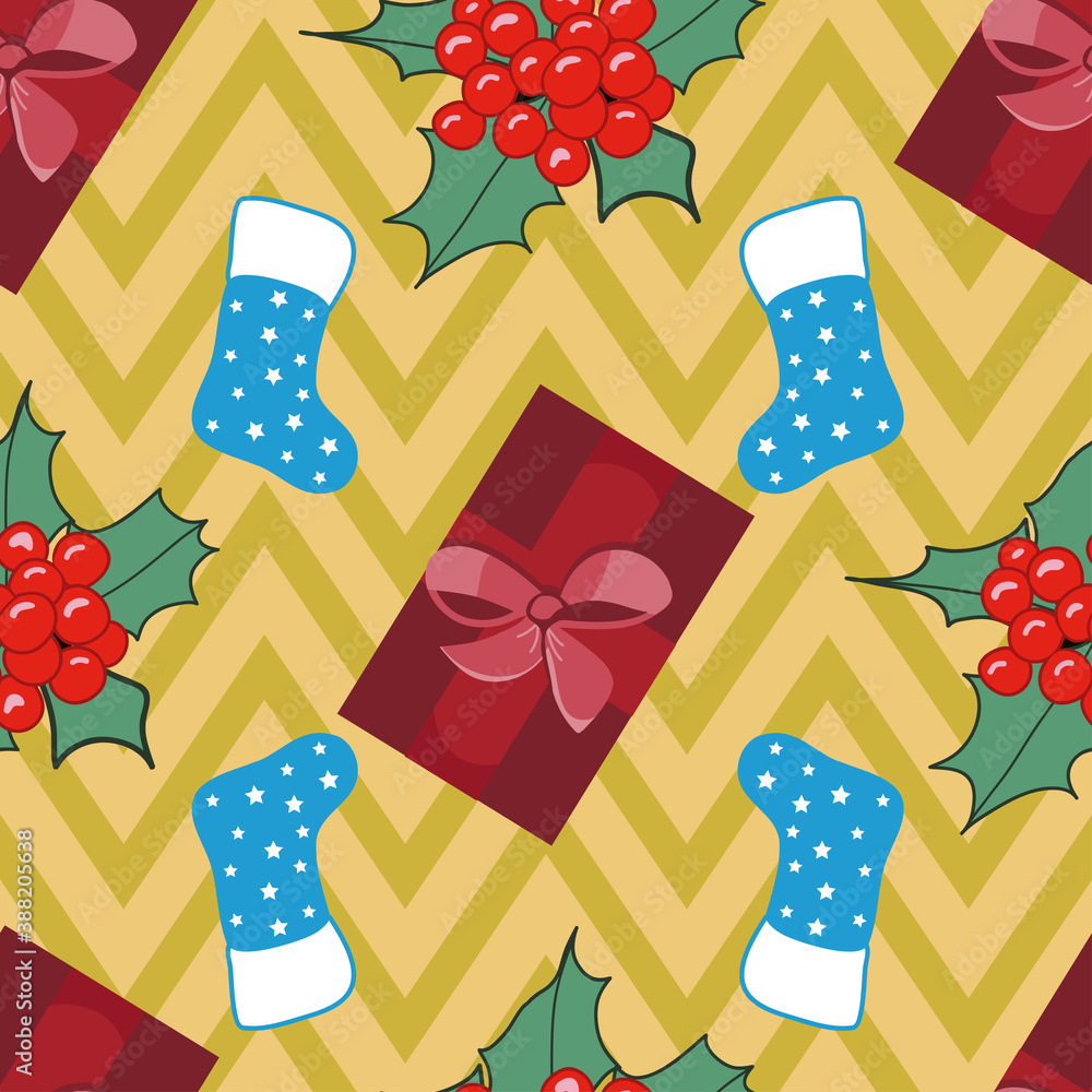 Obraz premium Cute seamless Christmas pattern on gold chevron background