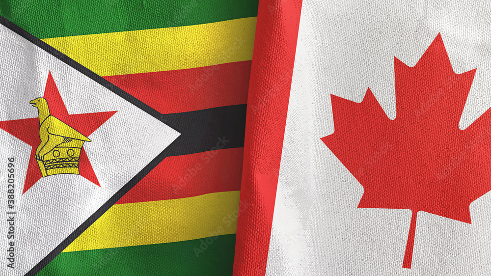 Canada and Zimbabwe two flags textile cloth 3D rendering Canada and Zimbabwe two flags textile cloth 3D rendering