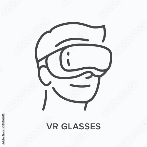 Vr glasses flat line icon. Vector outline illustration of man in virtual reality goggles. Gaming thin linear logo