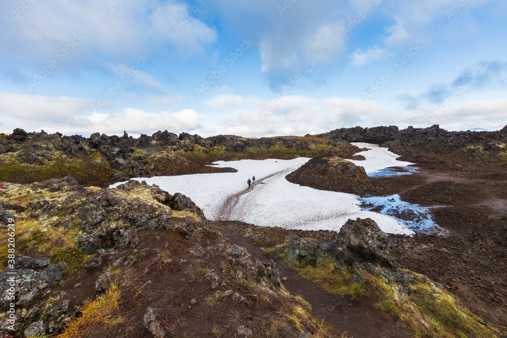 Kamchatka, tourists on the way to the cave near the Gorely volcano