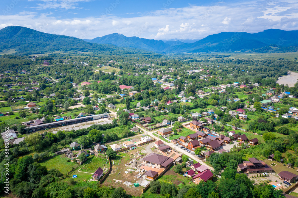 Aerial view to the village of Dakhovskaya, Adygea, Russia