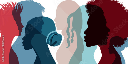 Silhouette profile group of men and women of diverse culture. Diversity multi-ethnic and multicultural people. Concept of racial equality and anti-racism. Different cultures. Social