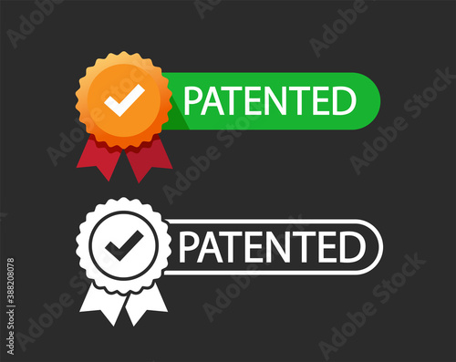 Patent stamp icon and flat patented successfully badge vector, licensed seal black and white and color cartoon style sign label isolated tag with check mark tick modern set design