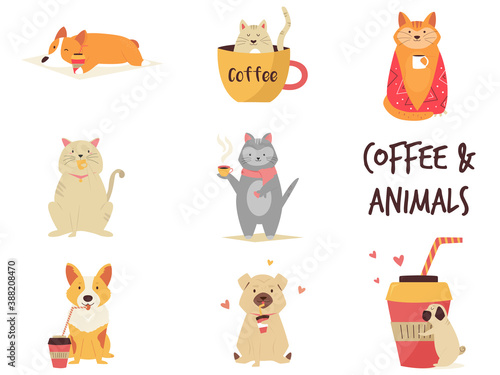 Set of cats and dogs enjoying coffee.
