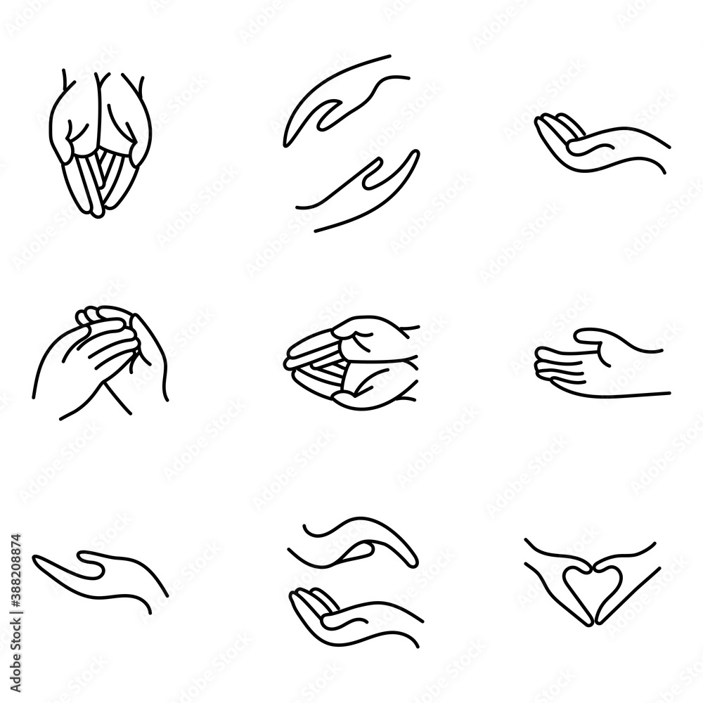 Hands care, saving, protect set. 9 icons bundle. Vector medical illustration. Hands care, saving, protect set. 9 icons bundle. Vector medical illustration.