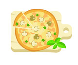 Pizza on a board, isolated vector illustration. Cartoon flat style. Cartoon flat style. Design for stickers, logo, web and mobile app. 