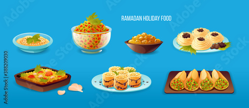 Ramadan holiday food of iftar party arabian muslim dishes. Sweet dishes, fish and meat , dates, milk, salads. Hummus, tabbouleh, fattoush, luqaimat dumplings, kanafeh, urama, pilaf, qatayef