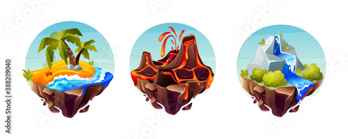 Game island collection. Tropical landscape with palm trees, azure ocean, the landscape of earth and lava, stone island with a waterfall. Nature landscape of earth for game design