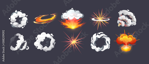 Animation for game comic explosion effect frames. Energy explosion, flame smoke cloud, motion blast effects, steam clouds, puff, mist, fog, water vapor, fire, comic power explosions
