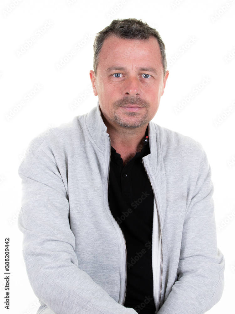 Man handsome in grey sweat casual clothes isolated on white background Man handsome in grey sweat casual clothes isolated on white background
