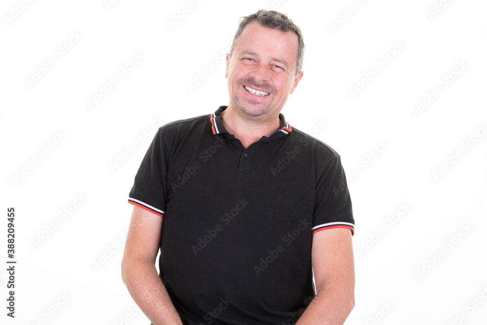 handsome smiling caucasian man isolated over white background Looking at camera in happy feeling concept handsome smiling caucasian man isolated over white background Looking at camera in happy feeling concept