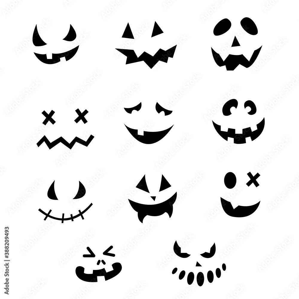 Jack O'Lantern scary faces set. Pumpkins isolated decor elements. Halloween party collection. Vector eps 10.