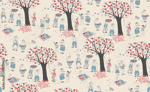 Vector seamless background illustration of children picking persimmons. The modern design of Korea. Design for fabric, web design, print project, and rapping