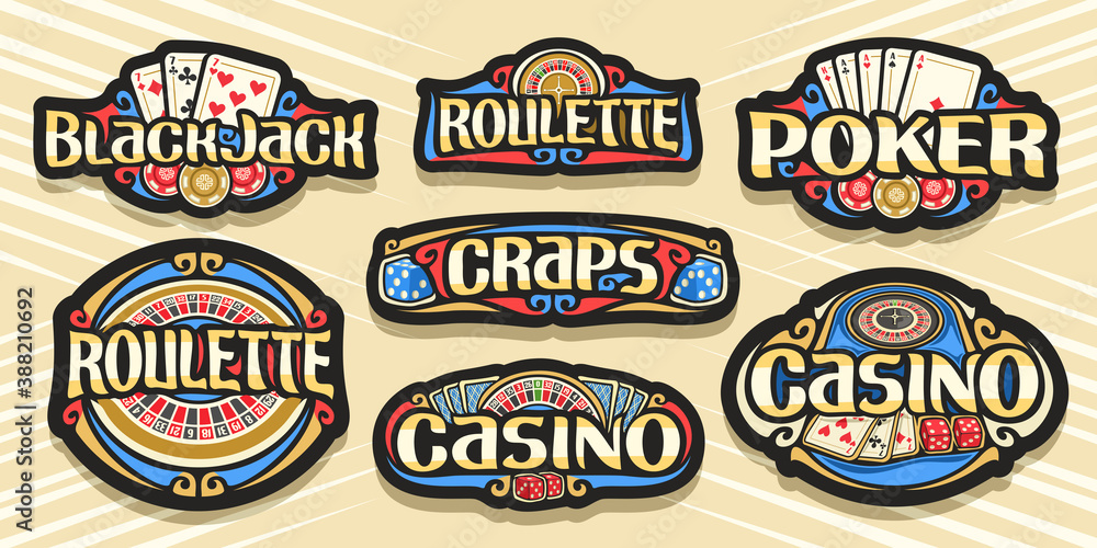 Vector set of Gambling Logos, 7 isolated labels with illustration of gamble symbols, collection of decorative sign boards with vintage design flourishes and unique brush typeface for gambling words.
