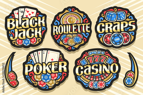Vector set of Gambling Logos, 7 isolated badges with illustration of gamble symbols, collection of decorative sign boards with retro design flourishes and unique brush typeface for gambling words.