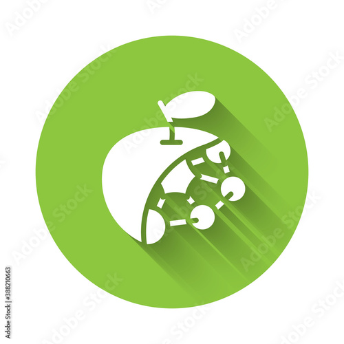White Biological structure icon isolated with long shadow. Genetically modified organism and food. Green circle button. Vector.