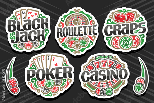Vector set of Gambling Logos, 7 isolated badges with illustration of gamble symbols, collection of decorative sign boards with retro design flourishes and unique brush typeface for gambling words.