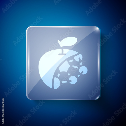 White Biological structure icon isolated on blue background. Genetically modified organism and food. Square glass panels. Vector.