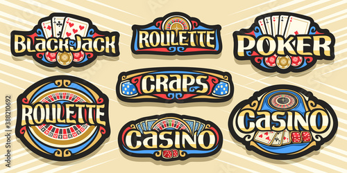 Vector set of Gambling Logos, 7 isolated labels with illustration of gamble symbols, collection of decorative sign boards with vintage design flourishes and unique brush typeface for gambling words.