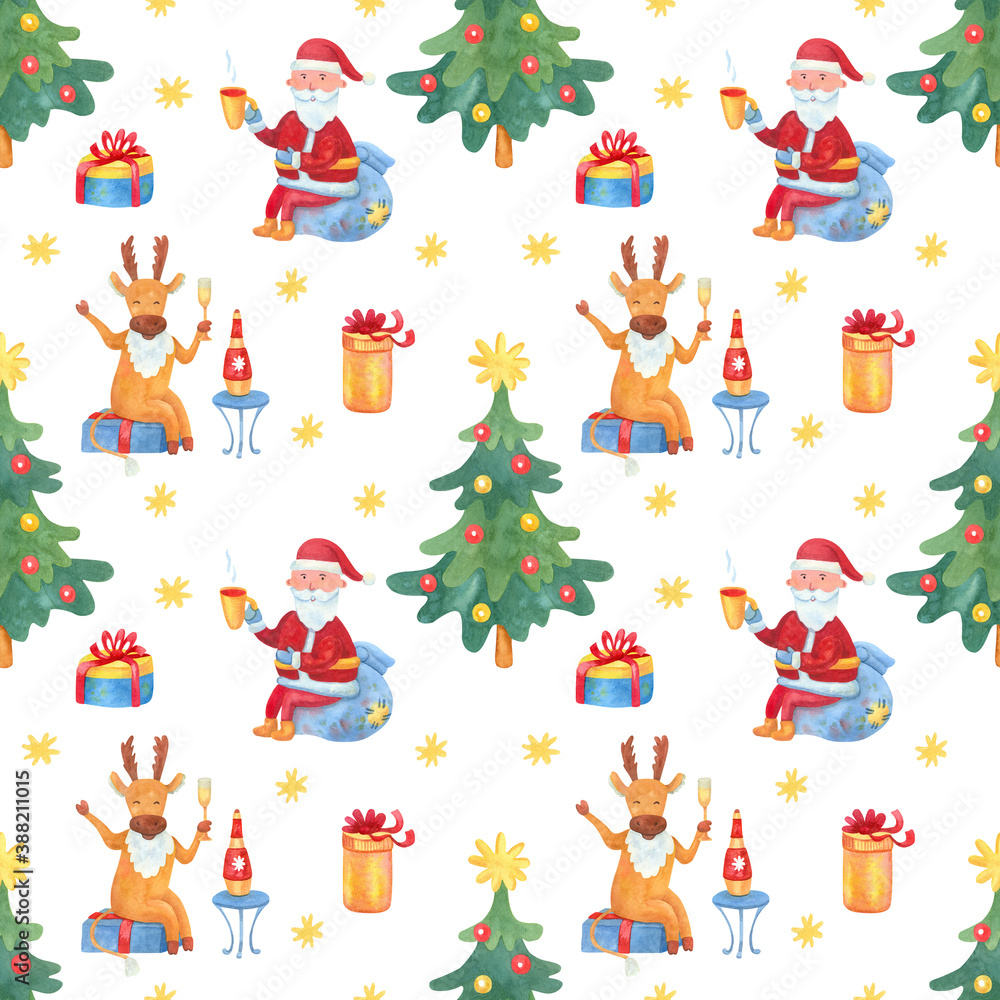 Watercolor seamless pattern with Christmas trees, Santa and a cute cheerful deer drinking champagne, gift boxes and snowflakes on white background. Great for fabrics, wrapping papers. Watercolor seamless pattern with Christmas trees, Santa and a cute cheerful deer drinking champagne, gift boxes and snowflakes on white background. Great for fabrics, wrapping papers.