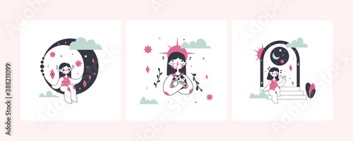 Set of cute girls with moon and sun. Vector illustration.