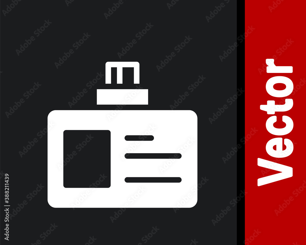 White Identification badge icon isolated on black background. It can be used for presentation, identity of the company, advertising. Vector. White Identification badge icon isolated on black background. It can be used for presentation, identity of the company, advertising. Vector.