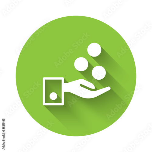 White People paying tips to service staff in restaurant and hotel icon isolated with long shadow. Tips money cash coin hotel resort service. Green circle button. Vector.